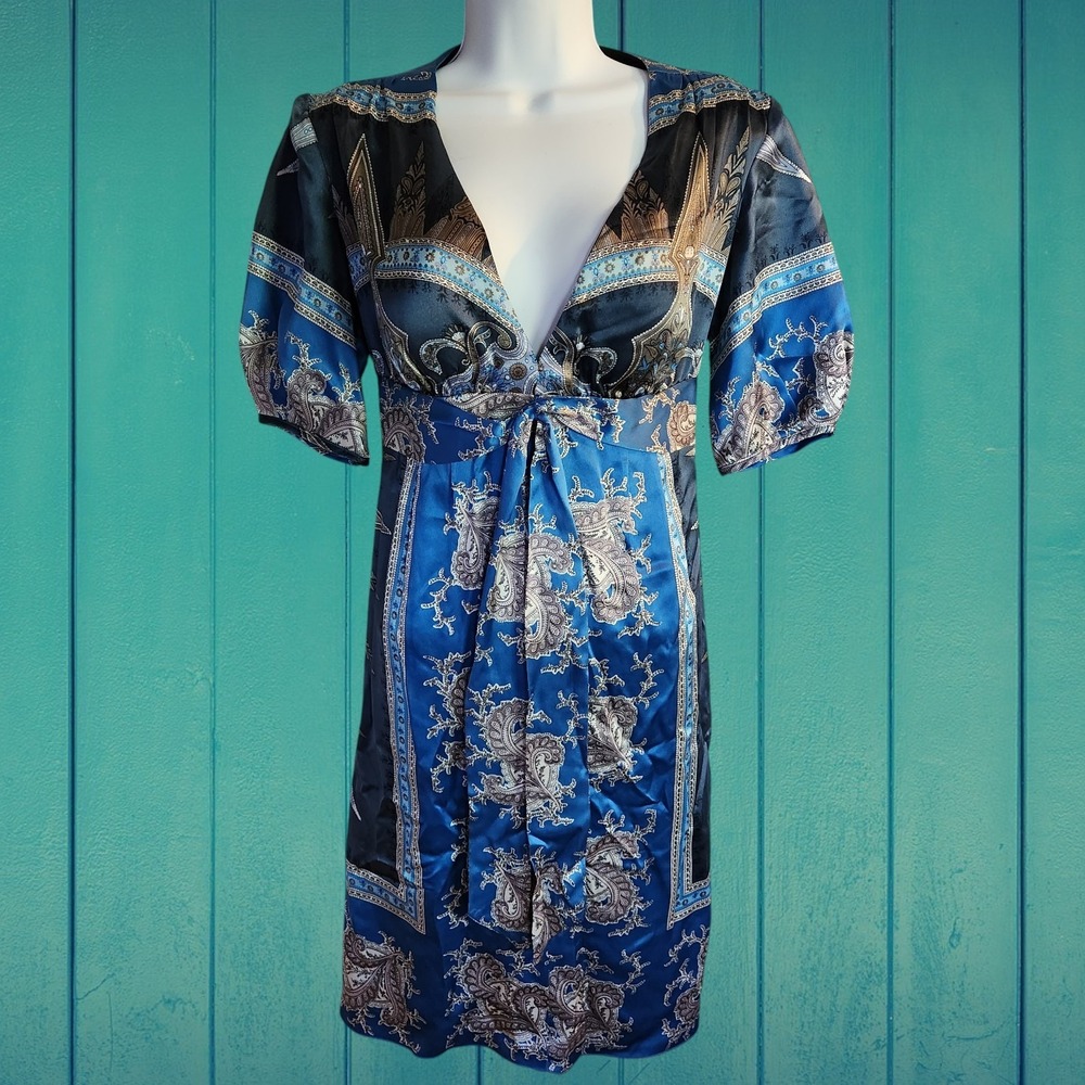 Single Dress Galina Sobolev Silk Boho Paisley Midi Dress Blue Multicolor Small